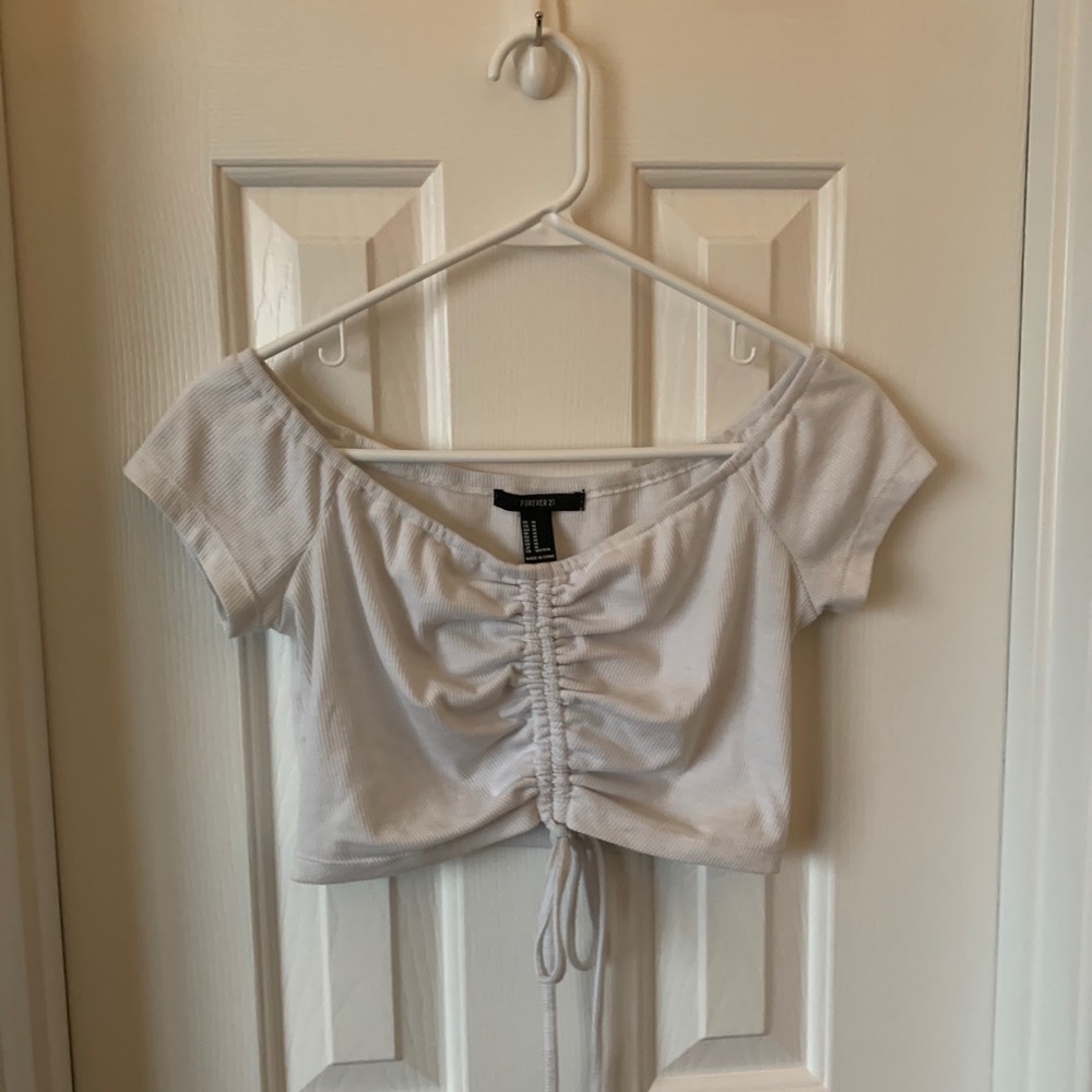 off the shoulder white lace up crop